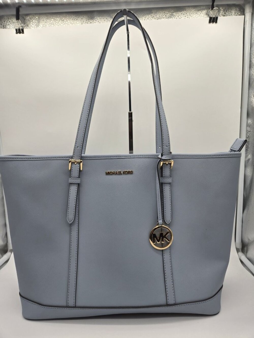 Michael Kors Light Blue Zip Tote Bag MK Charm Saffiano Leather EUC